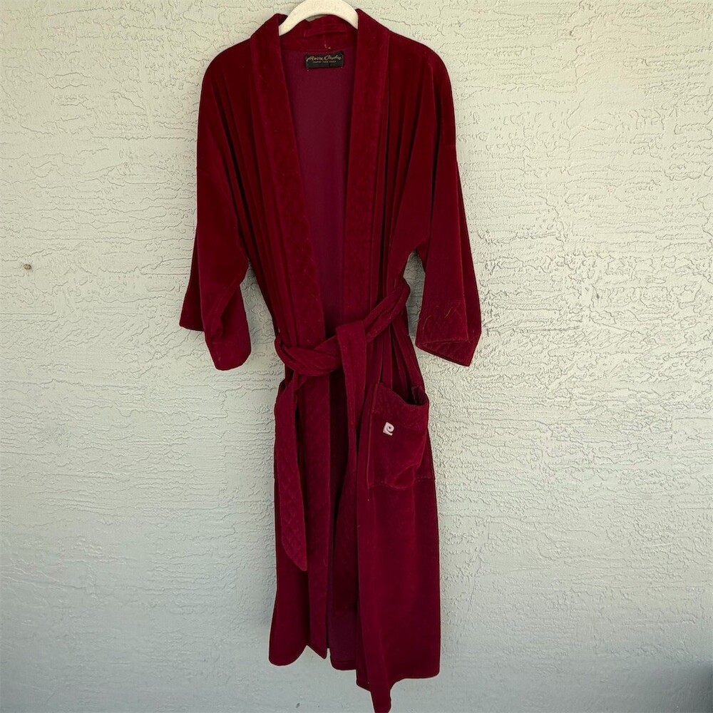 Vintage Pierre Cardin Robe Mens One Size Burgundy Velour Belted Pockets